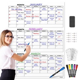 Large 36"x48" Quarterly White Board Calendar Dry Erase Calendar for Wall 3 Month Big Dry Erase Wall Calendar 2025 Monthly Dry Erase Board Planner Includes 6 Markers Eraser Push Pins & Mounting Tape