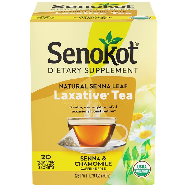 Senokot Dietary Supplement, Natural and Organic Senna Leaf, Laxative Tea for Occasional Constipation, 20 Wrapped Pyramid sachets, Certified Organic.