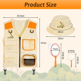 BSBUY Kid Explorer Kit Outdoor Adventure Set, 4PCS Kid Explorer Costume Kit Bug Hunting Costume Hat Vest, Outdoor Educational Kit Camping Adventure Dress Outfits for Dress up and Role Play(Orange Red)