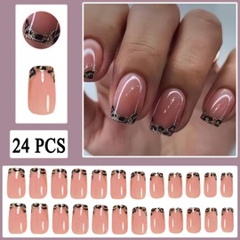 Leopard Gold Glitter Press on Nails Medium Square Fake Nails with Leopard Print Designs Brown Full Cover Glue on Nails Removable French Tips Acrylic Stick on Nails for Women Manicure Decoration 24 Pcs