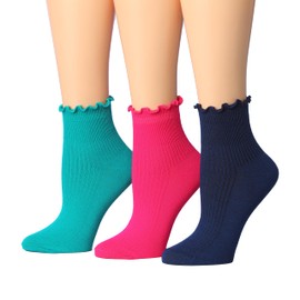 Tipi Toe Womens 3 Pairs Multicolors Ruffle Socks Turn-Cuff Solid Lettuce Edge Lightweight Soft Breathable Quarter Crew Lace Socks Women, 1129-A