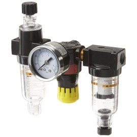 Parker 14A11B18F0GF Three-Unit Combo Compressed Air Filter/Regulator/Lubricator, 1/4" NPT, Polycarbonate Bowl , Manual Drain, 5 Micron, 13 scfm, Relieving Type, 2-125 psi Pressure Range, Gauge