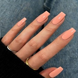 Uñas postizas de gel suaves color naranja coral, cuadradas y largas, de ataúd mediano, con cobertura total brillante y pegamento, reutilizables para m