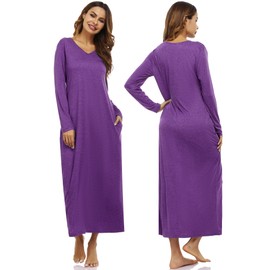 Marvmys Women Cotton Long Nightgowns Long Sleeves Nightshirts V Neck Full Length Sleep Shirts with Pocket, Purple, Small