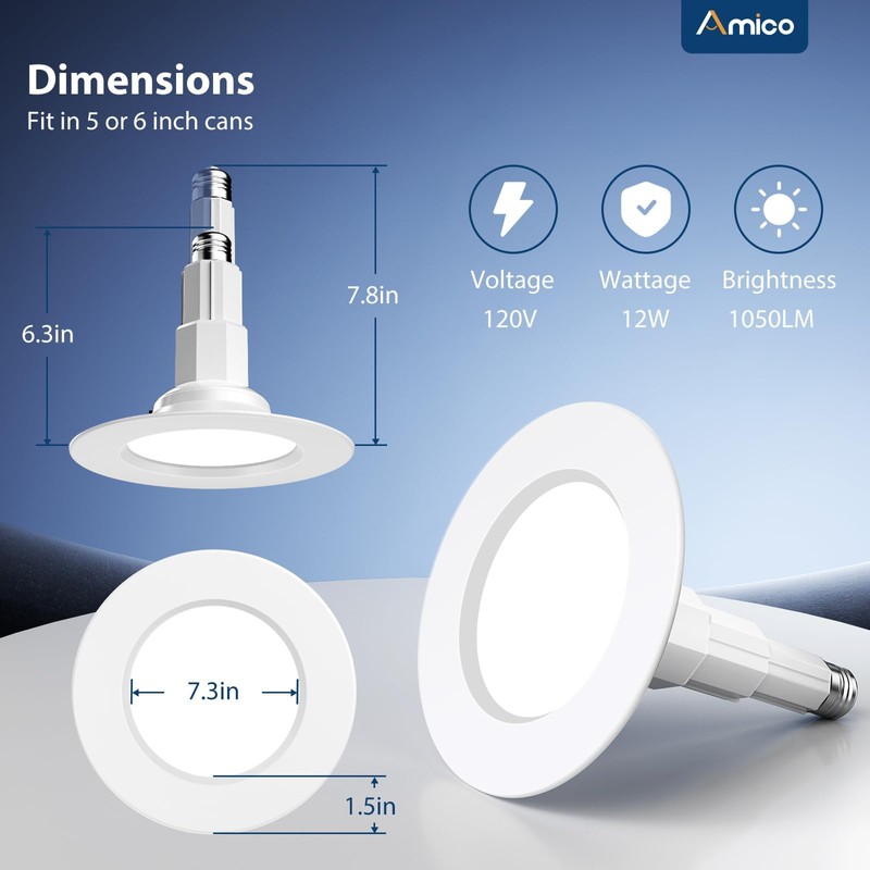 Amico 5/6 inch 5CCT LED Recessed Lighting 4 Pack, 12W=100W,