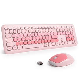 Surmen Cute Pink Keyboard and Mouse Wireless Silent, Full-Size Retro Typewriter Wireless Quiet Slim Keyboard Low-Noise 2.4GHz for Computer, Desktop, Laptop(6-Diary Pink)