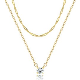 QttvbTna 14K Vergoldete Halskette Damen, 2 Stück Layering Halskette Damen, Zirkonia Anhänger Halskette, Funkelnde Goldkette, Gold Schmuck Geschenk für Frauen und Mädchen