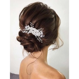 Unsutuo Flower Bride Wedding Hair Comb Silver Pearl Bridal Hair Accessories Leaf Hair Piece for Women and Girls