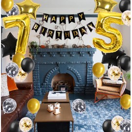 75th Birthday Decorations Black Gold for Men Women Happy Birthday Banner Number 75th Birthday Balloons Star Foil Balloons Confetti Balloons for Mum Dads 75 Years Old Birthday