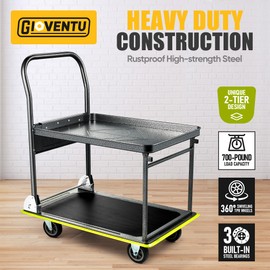 Heavy Duty Push Cart Dolly (700 lbs), Foldable Platform Hand Truck Made with High-Strength Steel, 2 Tier Design, Moving Flatbed Cart with Wheels for Warehouse, Garage, Workshop, Office