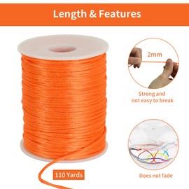 TONIFUL 2mm x 110 Yards Orange Nylon Cord Satin String for Bracelet Jewelry Making Rattail Macrame Trim Cord Necklace Bulk Beading Thread Kumihimo Chinese Knot Craft