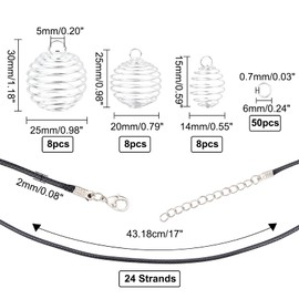 PandaHall Elite 24 Pieces 30/25 / 15 x 25 / 20 / 14 mm 3 Size Silver Iron Spiral Bead Cages Pendant with 24 Pieces 17 Inch Black Faux Leather Cord Chain for Jewellery Making