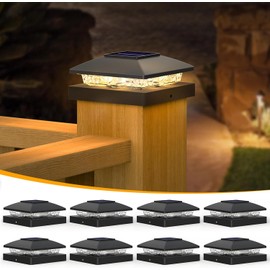 APONUO Solar Post Cap Lights for 4x4 Posts - IP64 Waterproof, 3000K LED, No-Wire Fence Lights & Deck Lights for Patio Garden Yard Patio, Black-Warm White, 8 Pack