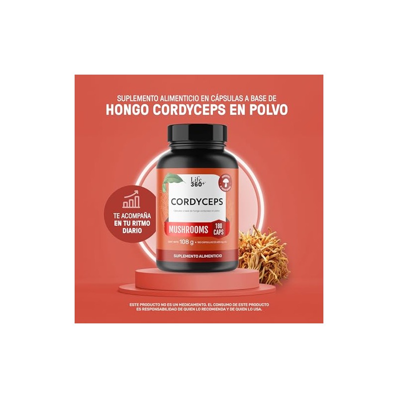 LIFE 360+ Cordyceps Extracto Puro| 180 cápsulas | 1200mg por