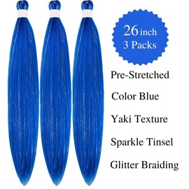 Gozill Blue Braiding Hair Pre stretched Sparkle Tinsel Prestretched Braiding Hair Ez braid Knotless Braiding Hair 26 inch