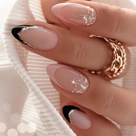 Generic Summer Black French Tip Press on Nails Almond Medium Length Pink False Nails Black Nails Press ons Glitter False Nails Tips Full Cover Glue on Nails Stick on Nails for Women 24Pcs