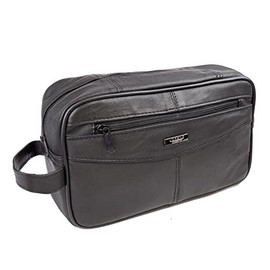 Genuine Leather Mens Wash Bag Toiletry Travel Wash Bag Shaving Bag Bathroom Gym Makeup Organizer Gift for Men & Women, One Zipper Black