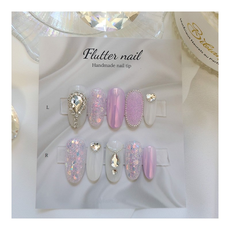 Purple Glitter & Silver Stone Handmade Nail Tips - Midi