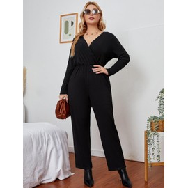 CARE LUCK Black Jumpsuit for Women Business Casual Outfits, V Neck Long Sleeve High-Waist Wide-leg Pants Plus Size