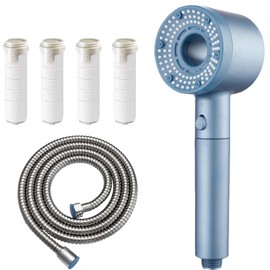 EnixwH Water-saving shower head, shower head with hose, water-saving, shower head with hose 1.5 m, anti-limescale shower head, water saving, pressure increasing, filter shower head with hose (blue)