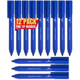 1InTheOffice Blue Permanent Markers, Fine Tip Marker, Permanent Markers Water Resistant, Blue, 12/Pack