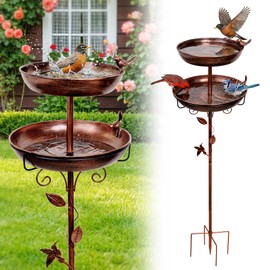 Bird Bath for Outside, 48in Double-Layer Metal Bowl Birdbaths for Outdoors, 13" Large Dia Removable Antique Bronze Bird Baths Water Bowl with Stable Stand for Garden Yard Patio Decor (Red Brown)
