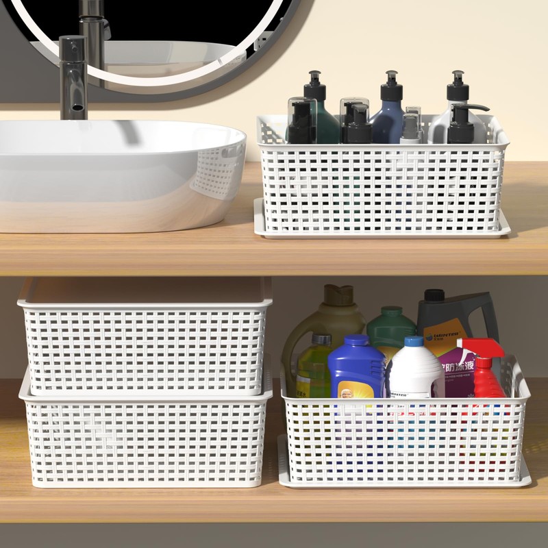 Kekow 6-Pack Plastic Storage Baskets with Lid, Organizer Bins, White