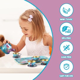 15 Piece Mermaid Tea Party Set for Little Girls, Pretend Tin Teapot Set, Princess Tea Time Play Kitchen Toy with Cups, Plates and Carrying Case for Birthday Gifts Kids Toddlers