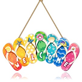 Welcome Summer Hanging Door Sign Decor Summer Door Wall Decor Sign Door Sign Rustic Wooden Slippers Summer Hanging Decorations for Indoor Outdoor Garden and Party Decoration (C)