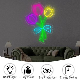 Tulip Bouquet Neon Sign, Flower Plant Sign, Floral Wall Art, Home Wall Bar Salon Decor, Flower Shop Decoration, Gift For Her,16.5"x12", Ice Blue Bow
