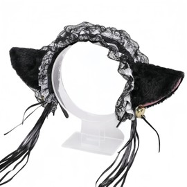 [kuroobaa] Cat Ear Headband Lolita Style Ruffle Headband with Bell Lolita Cosplay Costume Accessory (Black x White)