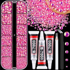 Resin Jelly Rhinestones for Crafting with B7000 Jewelry Glue, 1 Box Hot Pink AB FlatBack Crystal with 3Pcs 10ml Glue, Bedazzling Non Hotfix Gems for DIY Tumblers Clothing Shoes Manicure