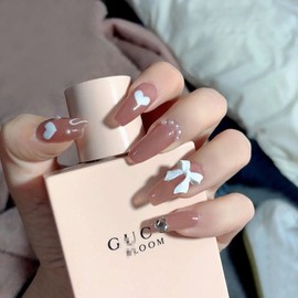 Light Brown Bow Tie Long Coffin Press on Nails| Full Set of 24 Nails | Reusable Nails | Fake Nails | Nail Art | Diamond Nail | Stickers Tabs