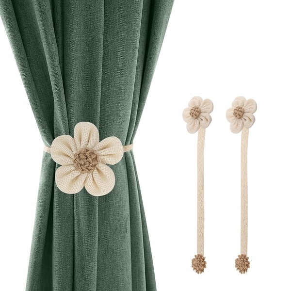 Lewondr Floral Linen Curtain Tassels, Magnetic Tiebacks, Easy Installation, Stylish, Large, White & Twine