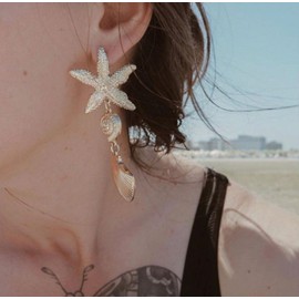Gold Starfish Earrings for Women Sea Shell Earrings Large Shell Dangle Earrings Starfish Stud Earrings Summer Beach Earrings Ocean Jewelry for Women (Asymmetrical)