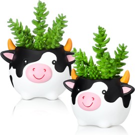 2 Pcs Lovely Cow Succulent Pots with Drainage Cute Animal Plaster Planter Pots Plants Holder Cow Shaped Cactus Flower Container for Home Display and Office Desk Decoration