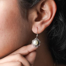Pearl Gemstone 925 Sterling Silver Handmade Unique Filigree Designer Ethnic Tribal Modern Drop Dangle Fashion Party Earring for Women, Metal Silver, Pearl