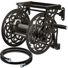 Metal Decorative Garden Hose Reel, Heavy Duty Hose Holder for Outside, Aluminum Frame, No-Leak Aluminum Water System, Easy Assmbly, Wall Mount, Holds 135 ft x 5/8" Hose Storage, Dark Bronze