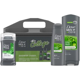 Dove Men+Care Shower Caddy College Gift Set – Extra Fresh Body + Face Wash, Deodorant for Men + Fresh & Clean 2-in-1 Shampoo & Conditioner (4 Piece Set)