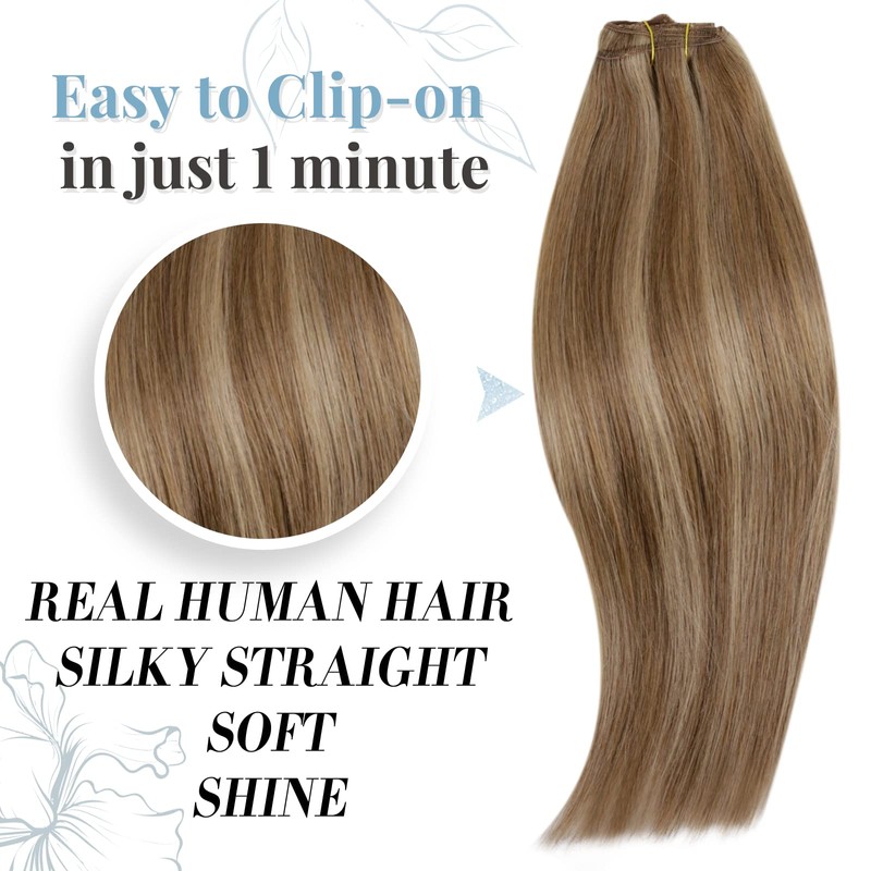 RUNATURE Real Hair Clip-In Extensions, Dark Blonde with Golden Blonde