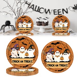 24 Pcs Halloween Party Disposable Paper Plates Cute 7 Inch Round Dessert Plates for Birthday Party Decorations Favors (Orange Ghost TRICK OR TREAT)