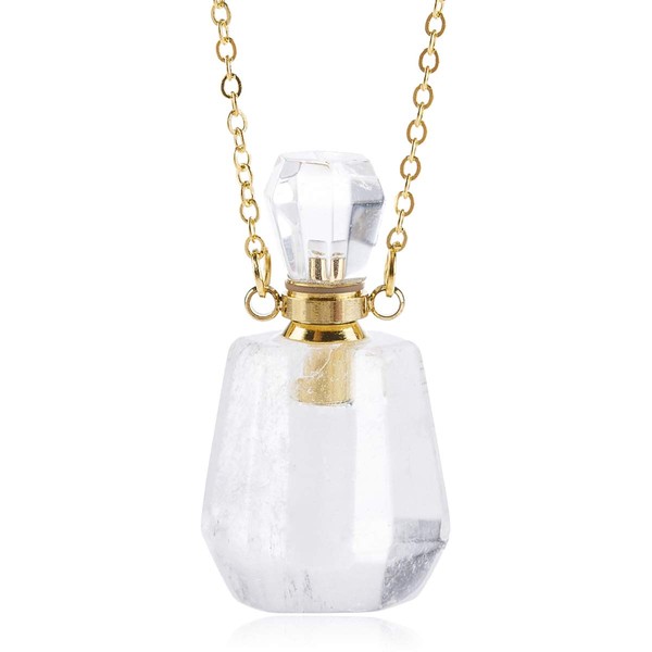 RIAH FASHION Gemstone Crystal Perfume Bottle Diffuser Necklace - Aromatherapy Essential Oil Travel Locket Pendant Charm Fragrance Carrier Flask Chain (Quartz Bottle - Simple White)