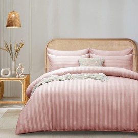 funky gadgets Double Duvet Cover Set Blush, Microfiber Satin Stripe Duvet Cover Luxury Hotel Bedding Sets with Pillowcases Breathable Ultra Soft Reversible Quilt Covers.