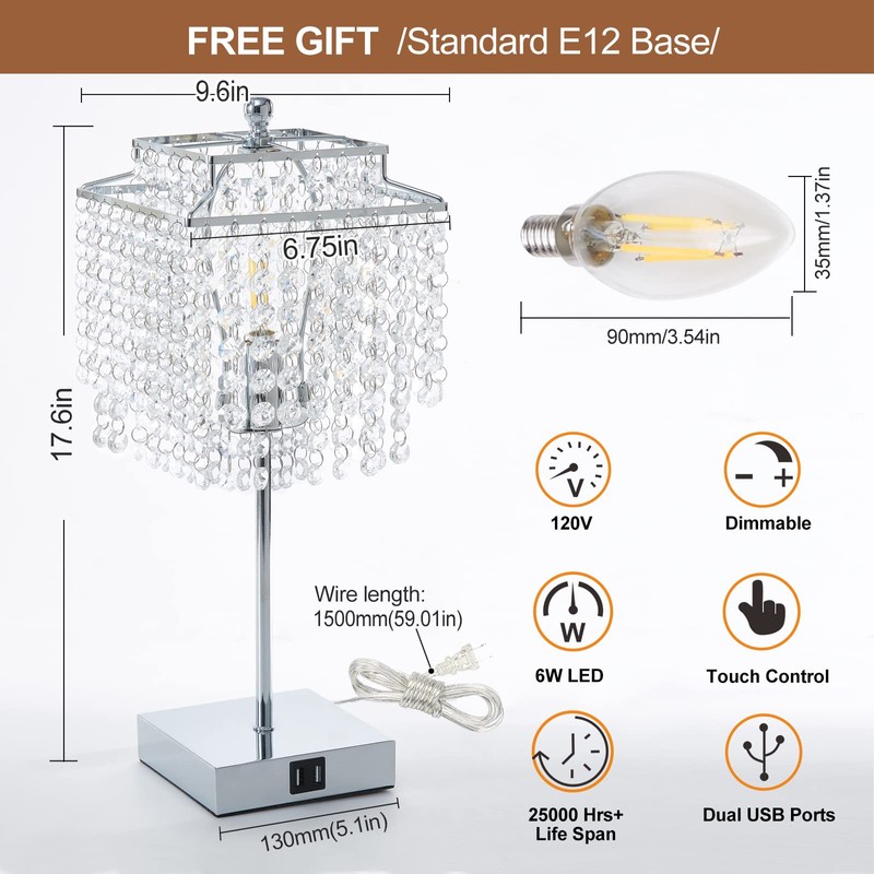 Touch Crystal Table Lamp Silver, Bedside Lamp with USB C+A