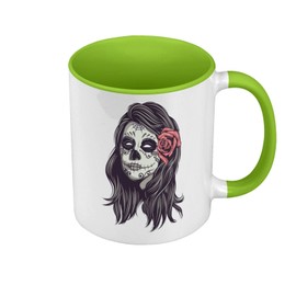Tasse, Farbe Premium, Grün, Zombie-Mädchen, Make-up, Blumen, Zeichnung, Illustration – Tasse mit Henkel und farbigem Innenraum
