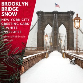 ArtMalore Brooklyn Bridge Snow New York City Holiday Greeting Card - 5x7 Inch, Blank Inside, Premium Card Stock with Eco-Friendly Envelope, Frame-Ready, Made in USA
