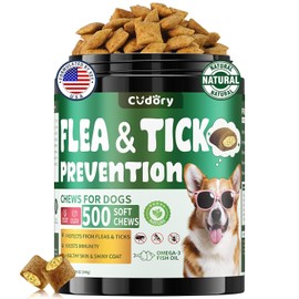 Flea and Tick Prevention for Dogs Chews- 500 Crunchy & Creamy Chews, Dogs Flea Chewables with Skin & Coat Support - Oral Supplement for All Breeds & Ages - Chicken & Cheese Flavor