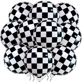 12 Pack 18 Inch Checkered Racing Balloons Helium Foil Mylar Black and White Checkered Balloons for Race Car Themed Party Birthday Festival Decorations Supplies