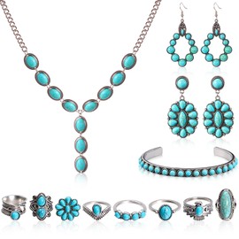 Liliaafar 12 Pcs Bohemian Turquoise Jewelry Set for Women Valentine's Day Gift Western Jewelry with Vintage Turquoise Necklace Bracelets Earrings Rings Boho Galentines Gift Accessories for Cowgirl