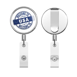 USA Grunge Welcome Travel Stamp Round ID Badge Key Card Tag Holder Badge Retractable Reel Badge Holder with Belt Clip